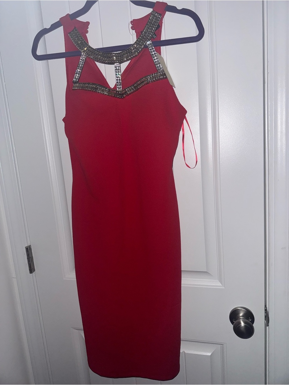 Love J Red Jeweled Halter Bodycon Dress Size L NWT Flaw